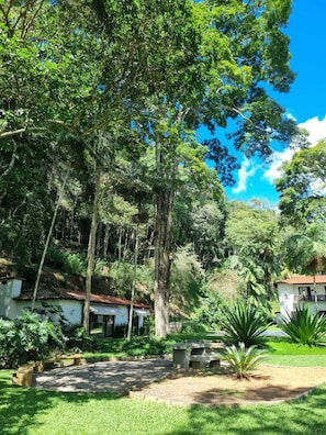 A lush garden with a large tree, a small building, and a stone bench. - Villa Casa Blanca (Teresópolis)