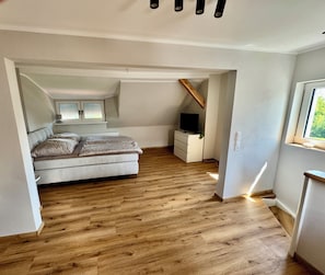 Une chambre à coucher avec un lit, une télévision, un bureau et une fenêtre.