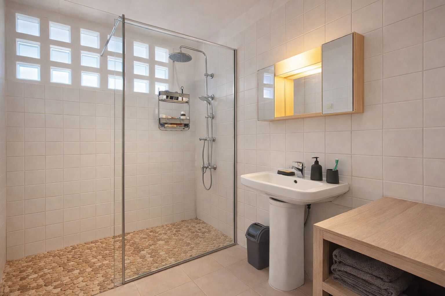 Douche, sèche-cheveux, serviettes fournies, papier toilette