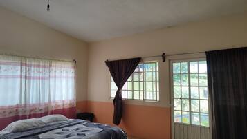 Un dormitorio con cama, ventana con cortinas, puerta y lámpara en el techo.