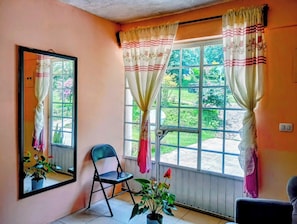 A room with a large window, a chair, and a potted plant.