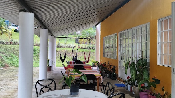 A covered patio area with a round table and chairs, potted plants, and a view of the outdoors. - el jardin de los anturios (Xico)