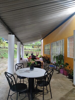 Un patio cubierto con una mesa redonda y sillas, plantas en macetas y vistas al exterior.