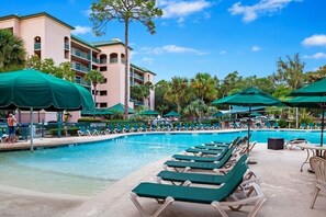 Outdoor pool, a heated pool - Spacious 3-bedroom condo on Hilton Head Island short walk to beach AUG 15-22 (Hilton Head Island)