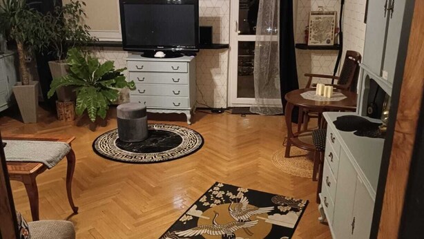 A living room with a television, wooden flooring, a black and white rug, and a dining area with a table and chairs.