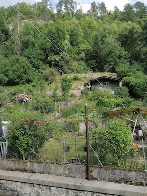 A rural landscape with a stone house surrounded by dense greenery and a fence.