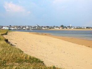 Uma praia arenosa com uma área gramada de um lado e uma cidade ao fundo.
