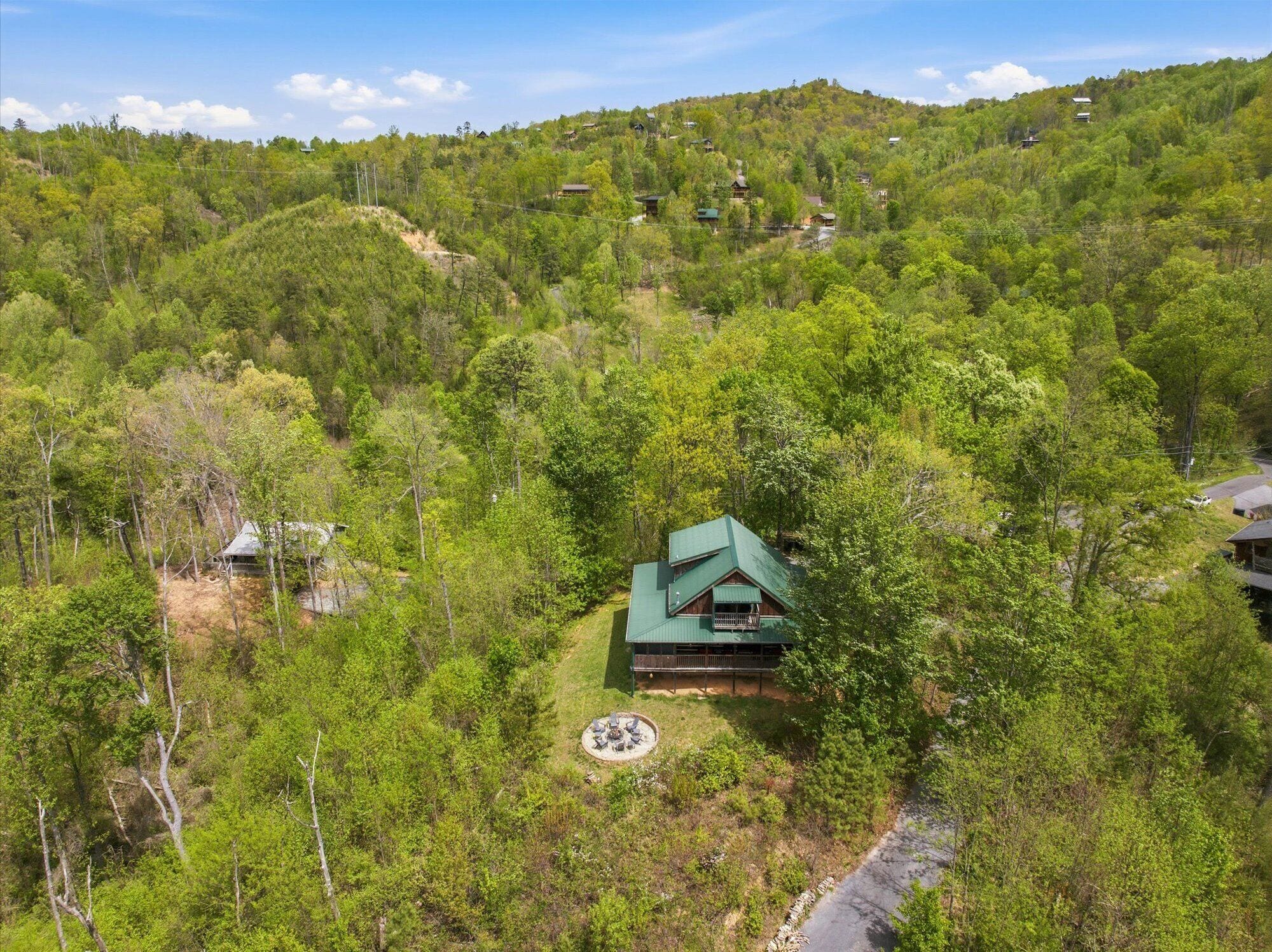 A cabin surrounded by dense forest, with a clear view of the surrounding landscape.