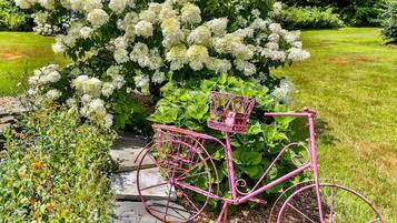 A pink bicycle with a basket in a garden setting.