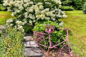 Una bicicleta rosa con una cesta en un jardín.
