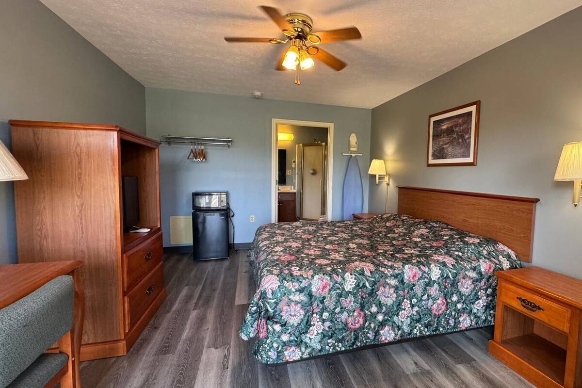 Una habitación de hotel con cama, escritorio, silla, ventilador de techo, cubo de basura y mesita de noche con lámpara.