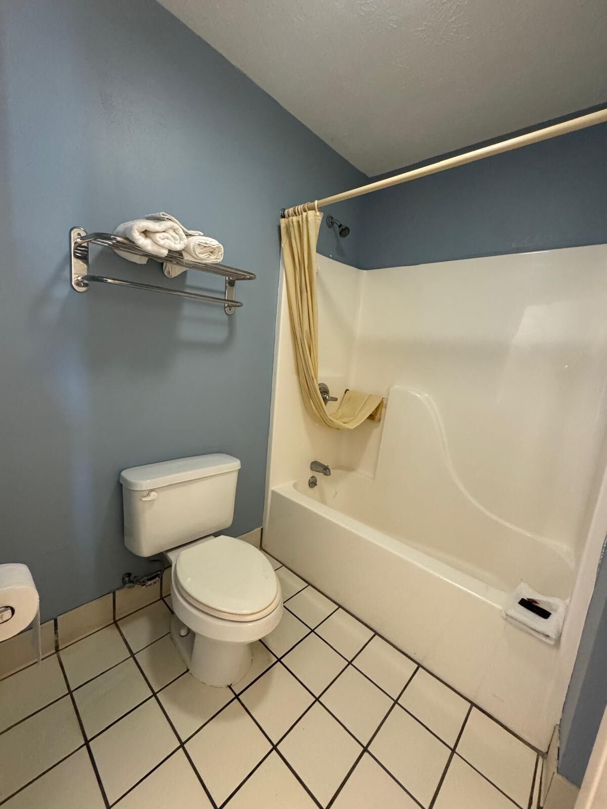 Un baño con inodoro, bañera y perchero para toallas.