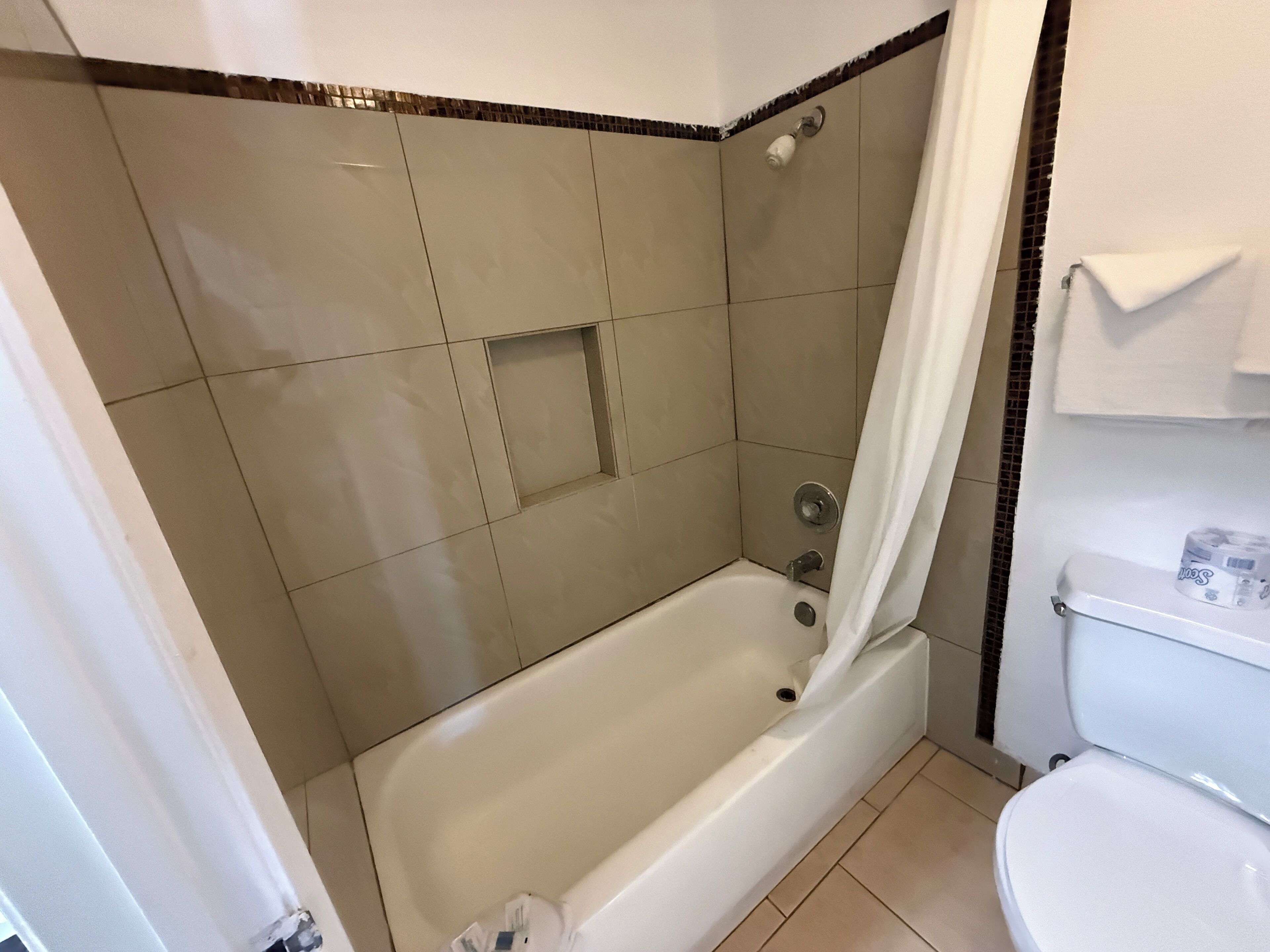 A bathroom with a bathtub, toilet, and shower curtain.