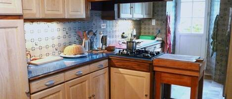 A compact kitchen with wooden cabinets, a gas stove, and a small countertop.