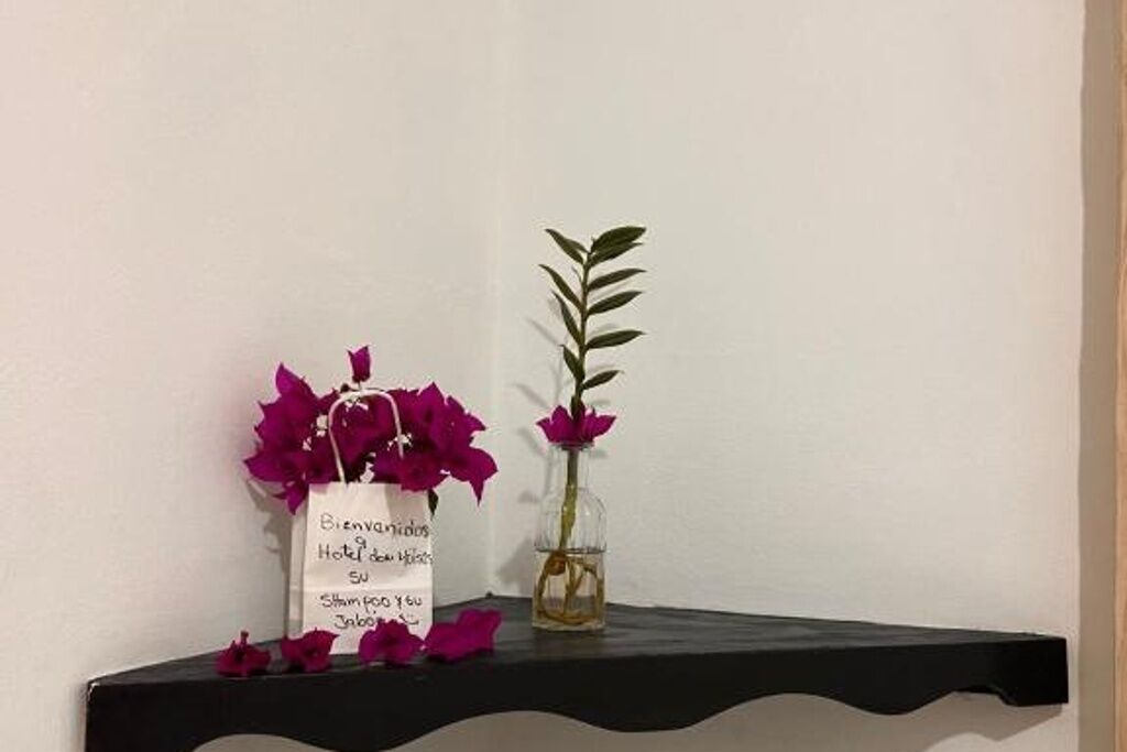 Une étagère noire avec une pancarte blanche, un vase en verre contenant une seule plante et quelques fleurs violettes éparpillées.