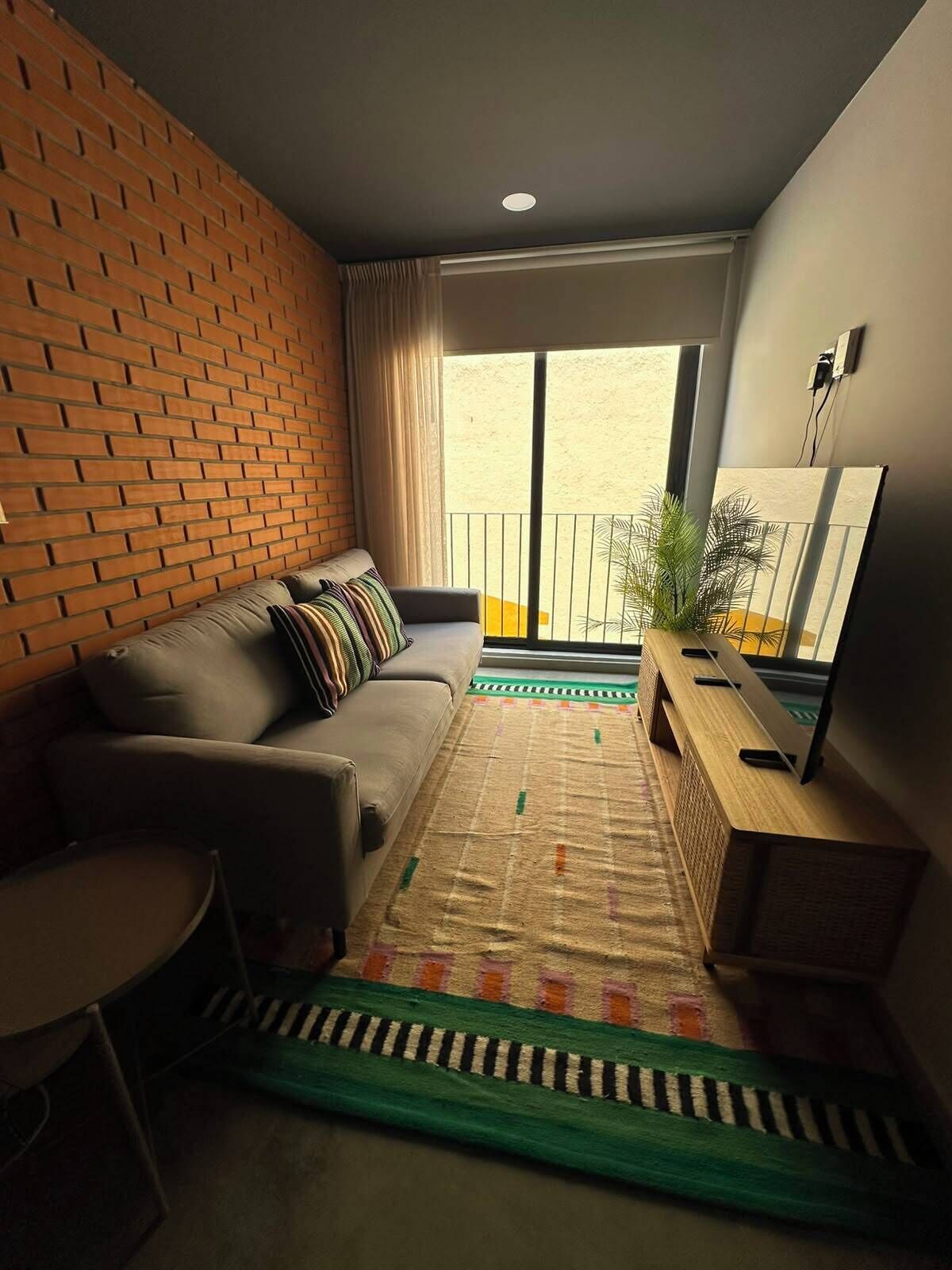 A living room with a sofa, a TV stand, a patterned rug, and a balcony with a plant.