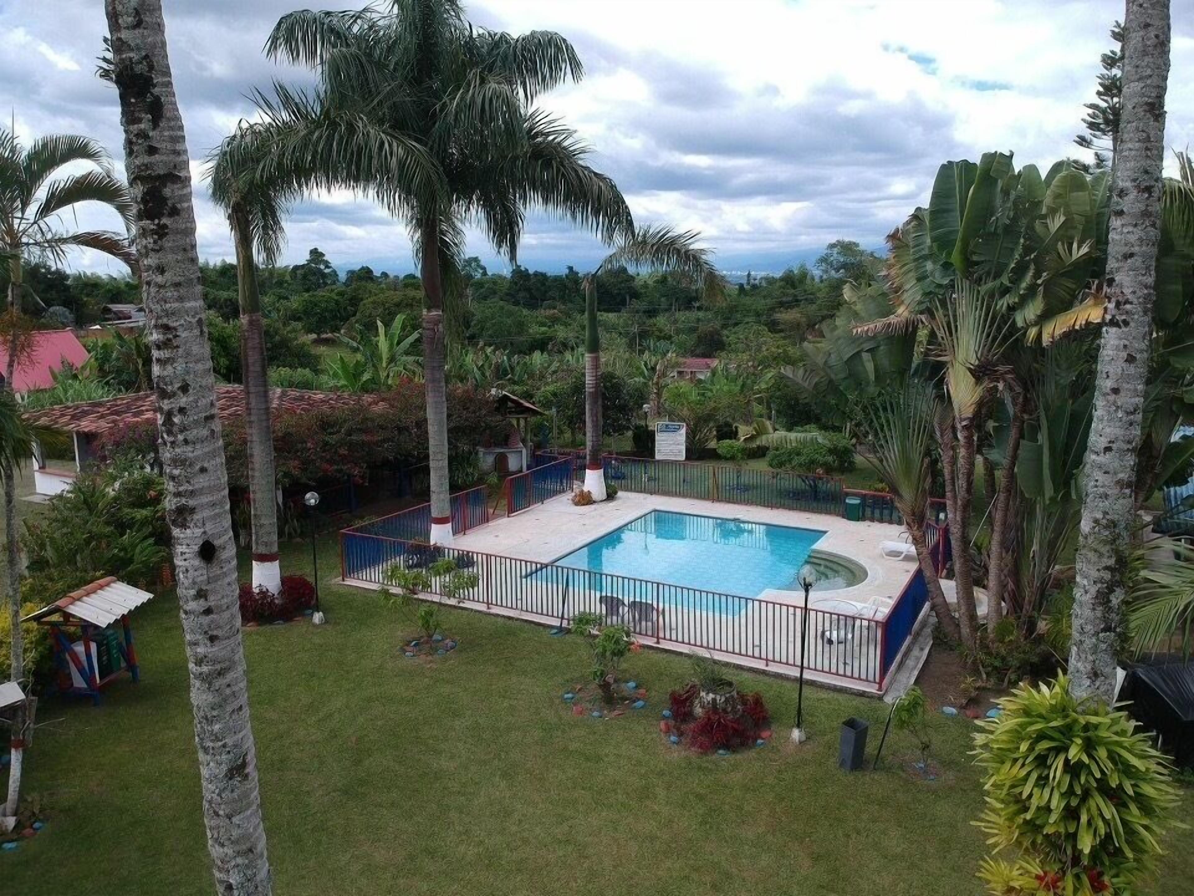 A rectangular swimming pool surrounded by a fence, with palm trees and tropical vegetation in the background.