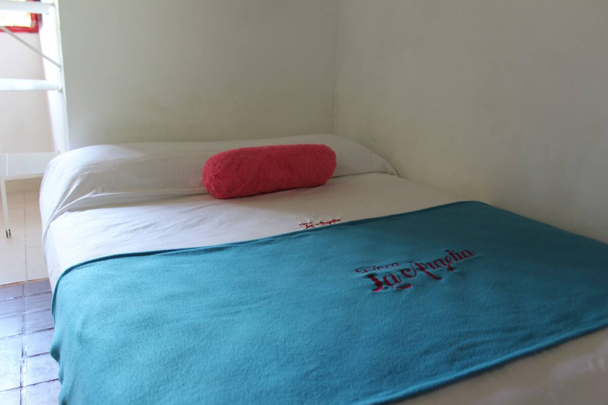 Ein Einzelbett mit weißer Matratze und einer türkisfarbenen Decke.