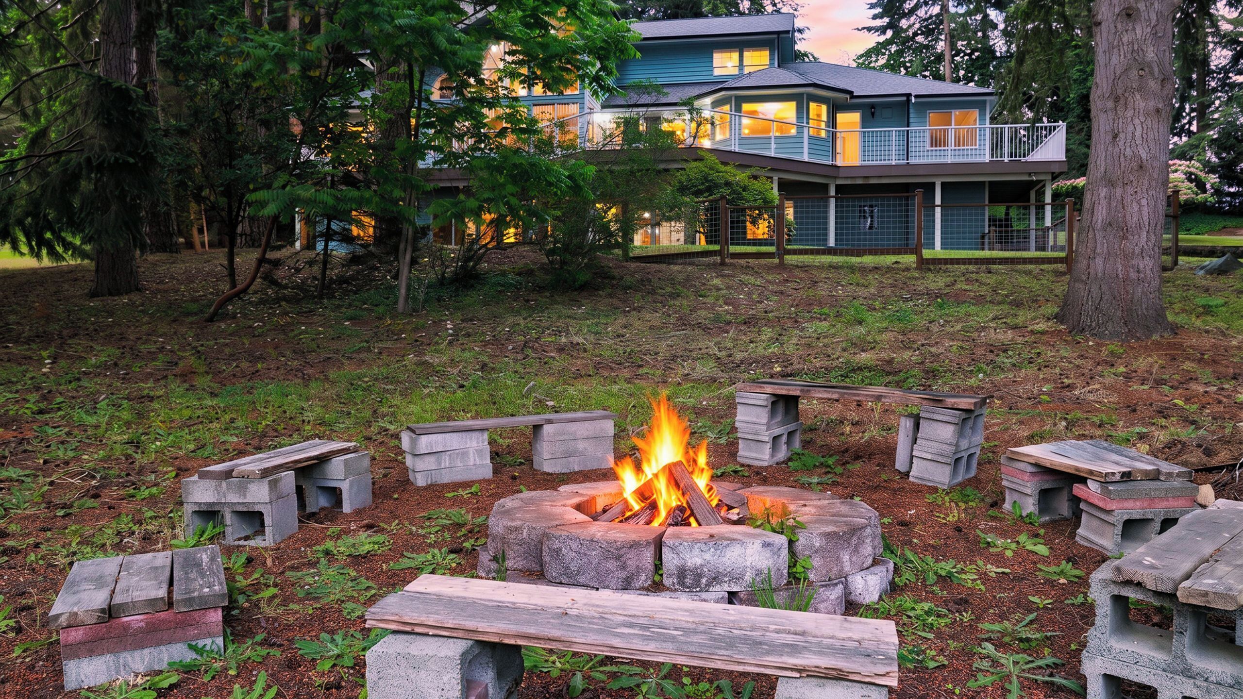 A fire pit with seating, surrounded by a grassy area with trees, and a house in the background.