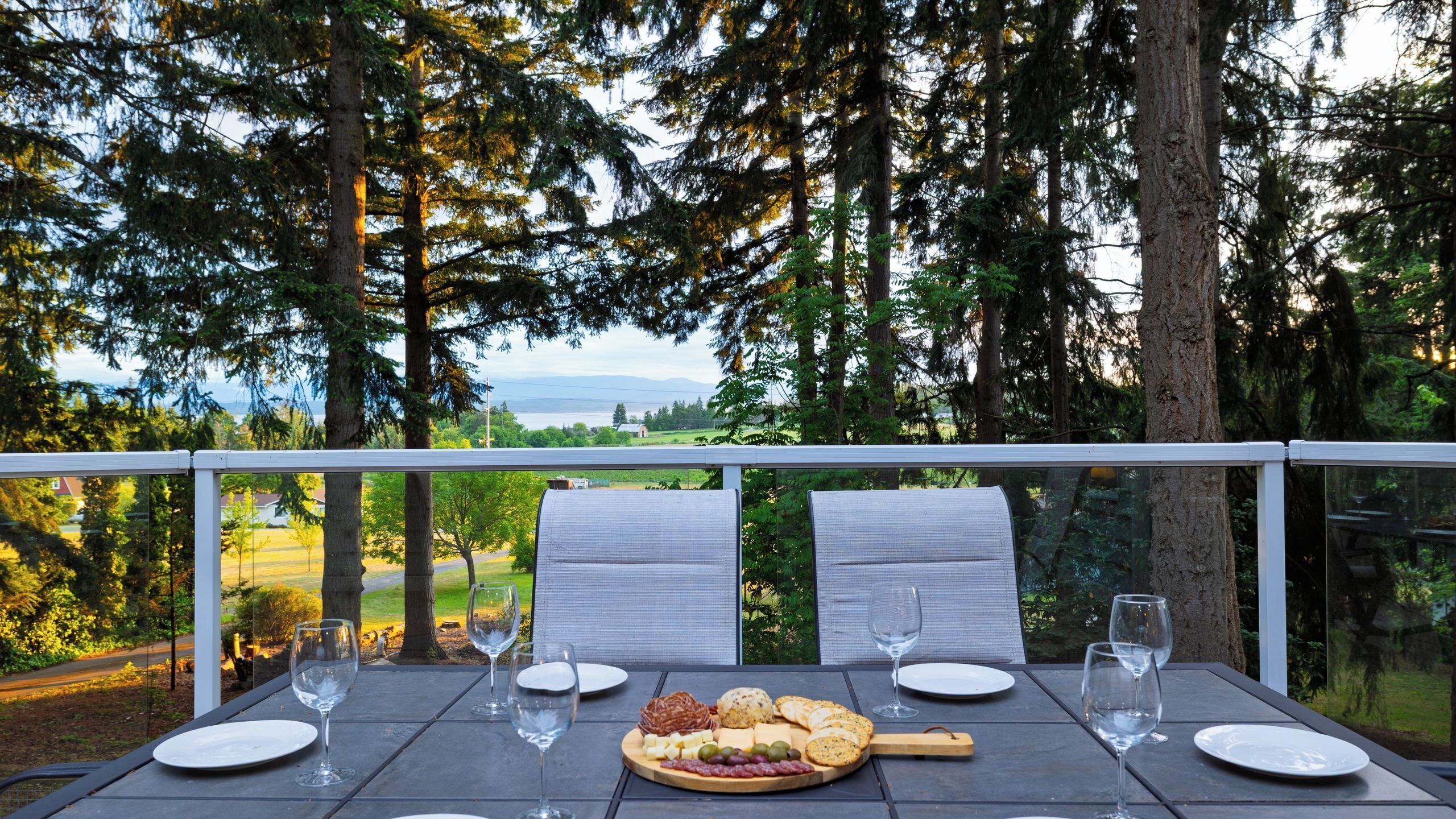 An outdoor dining area with a view of a forest and a distant landscape.