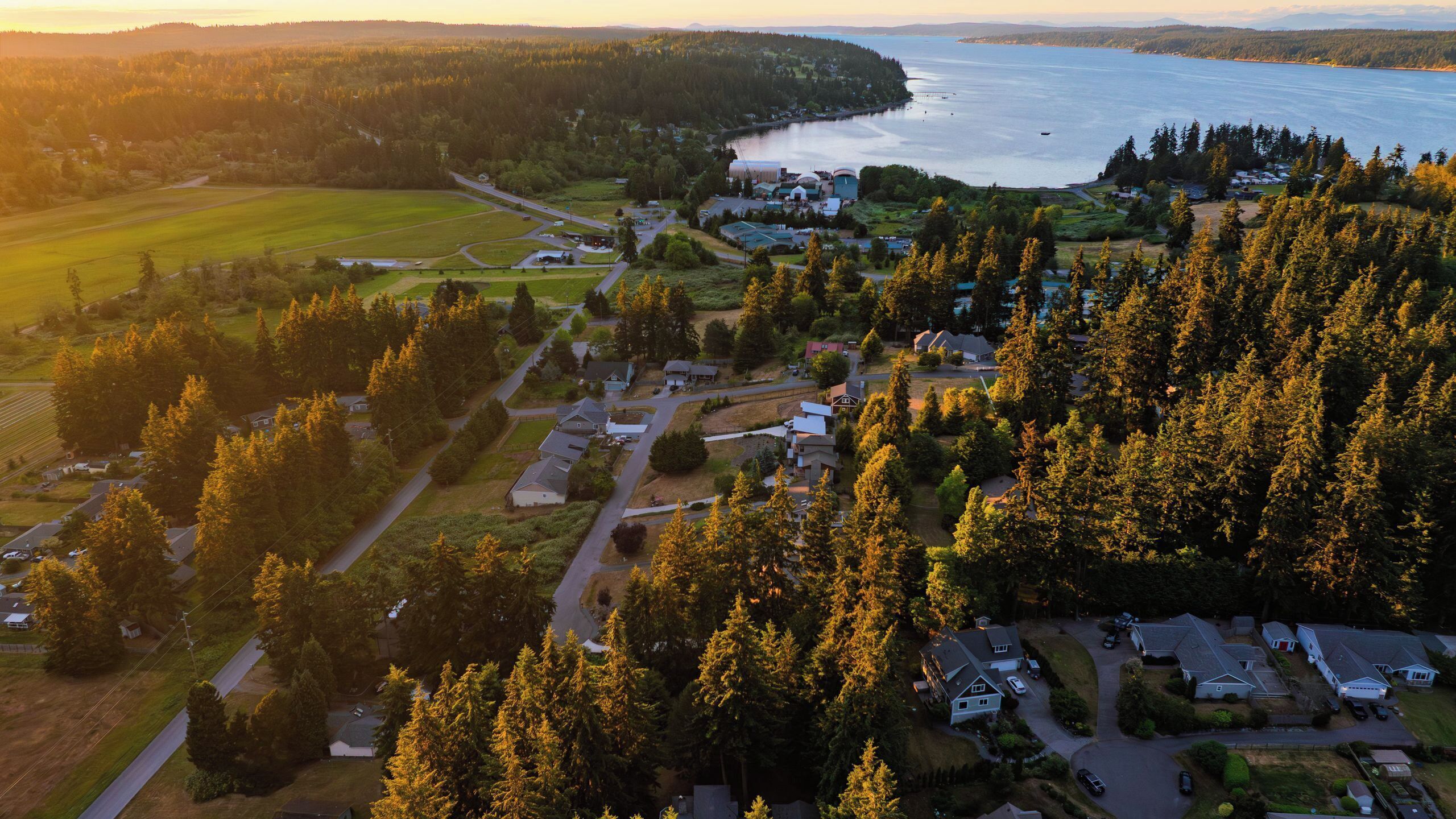 Vue aérienne d’un quartier résidentiel avec des maisons, des routes et une étendue d’eau.