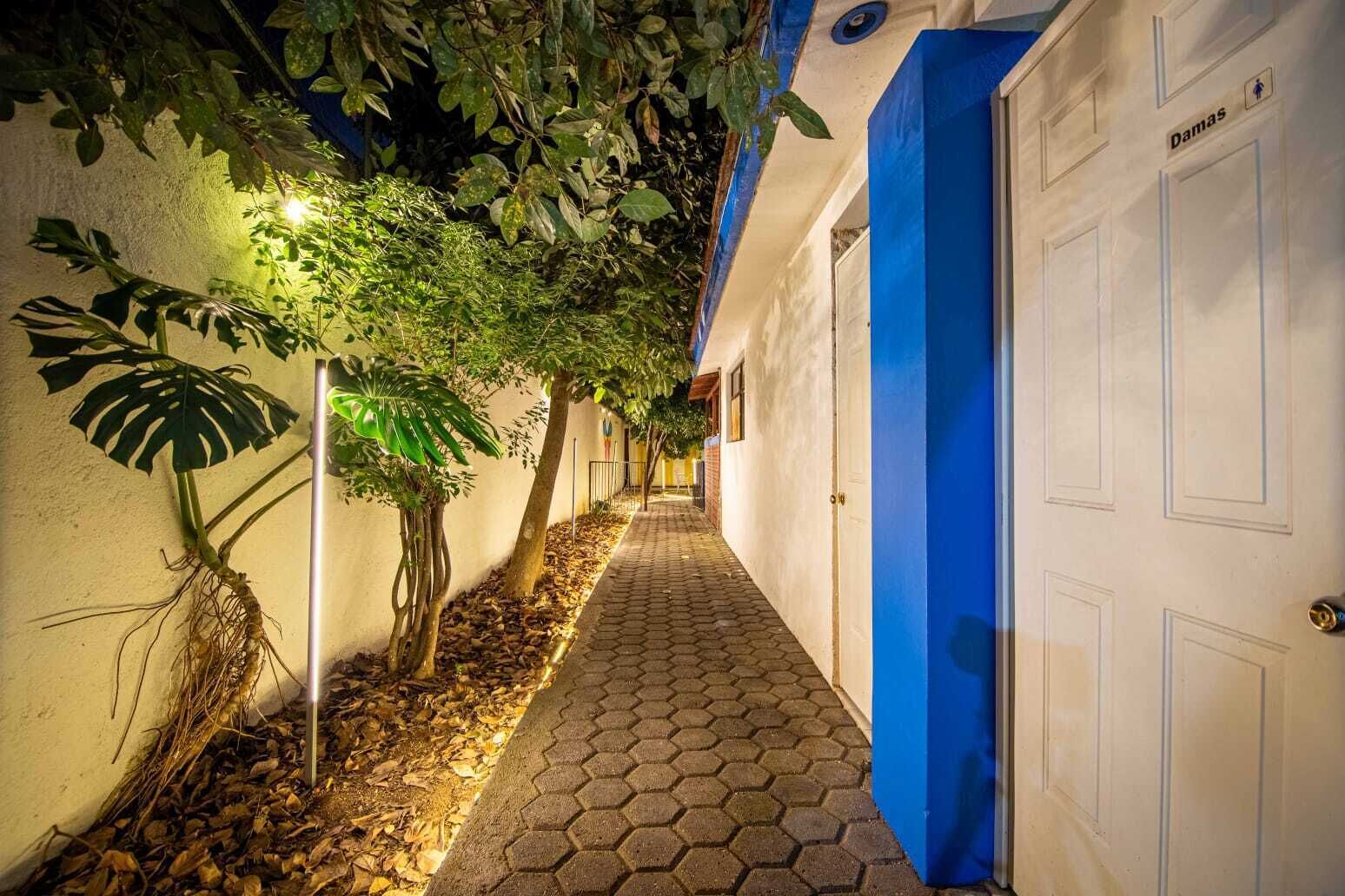 A narrow hallway with a blue door labeled 'Damas,' a tiled walkway, and a row of trees with hanging foliage.