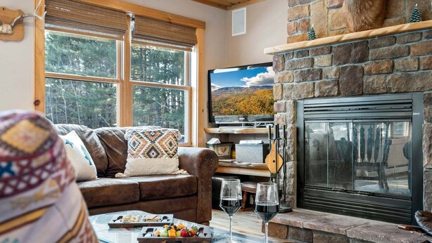 Una sala de estar acogedora con una chimenea de piedra, un televisor y un ventanal con vistas a un bosque.
