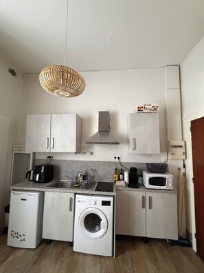 Frigorífico, microondas, horno y placa de cocina