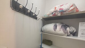 A storage area with shelves, a hookboard, and a blue bin.
