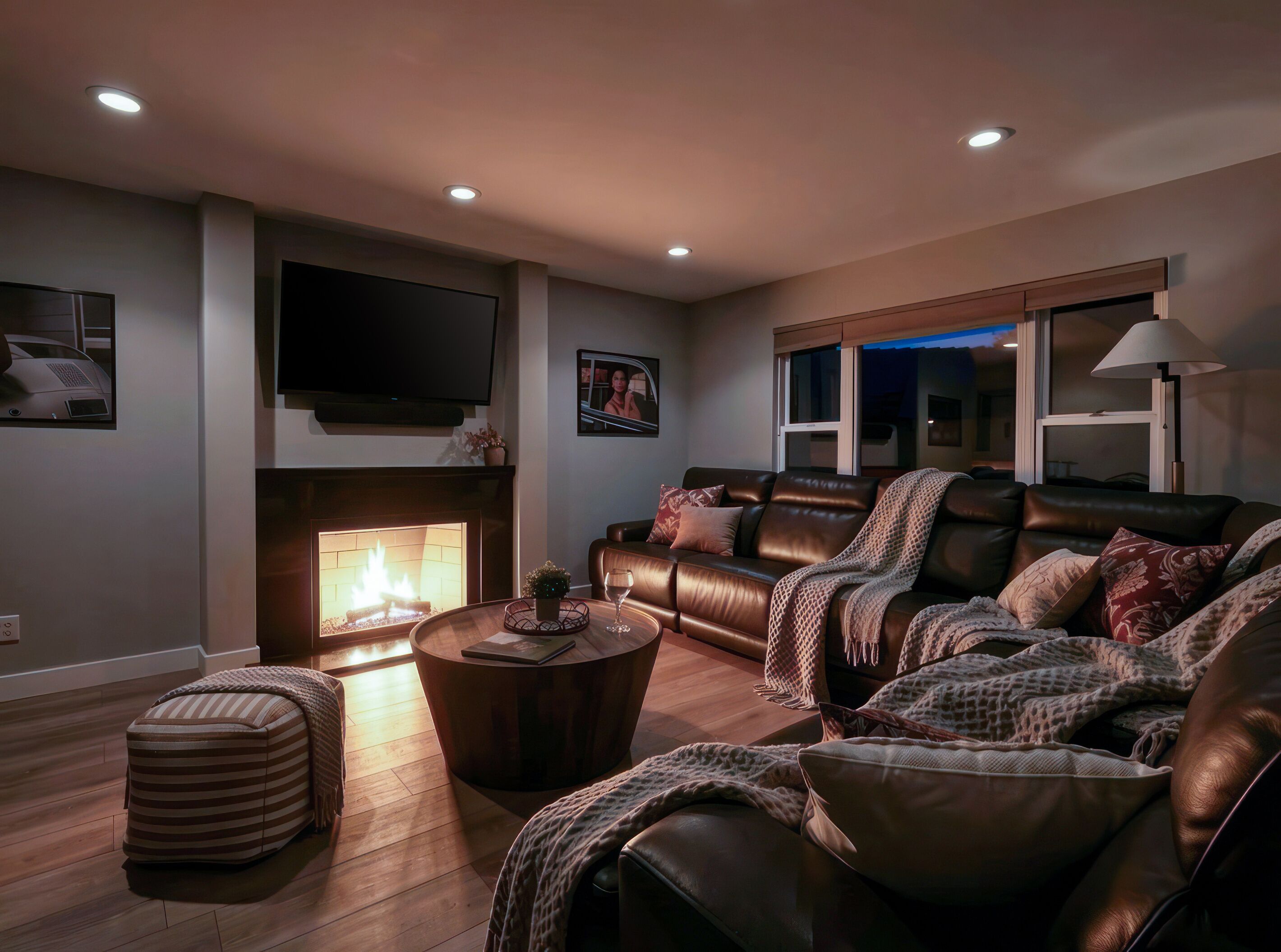A modern living room with a fireplace, leather sofas, a coffee table, and a flat-screen TV mounted on the wall.