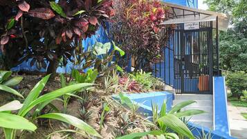 Una entrada protegida por un portón con un letrero, rodeada de plantas diversas y un muro azul.