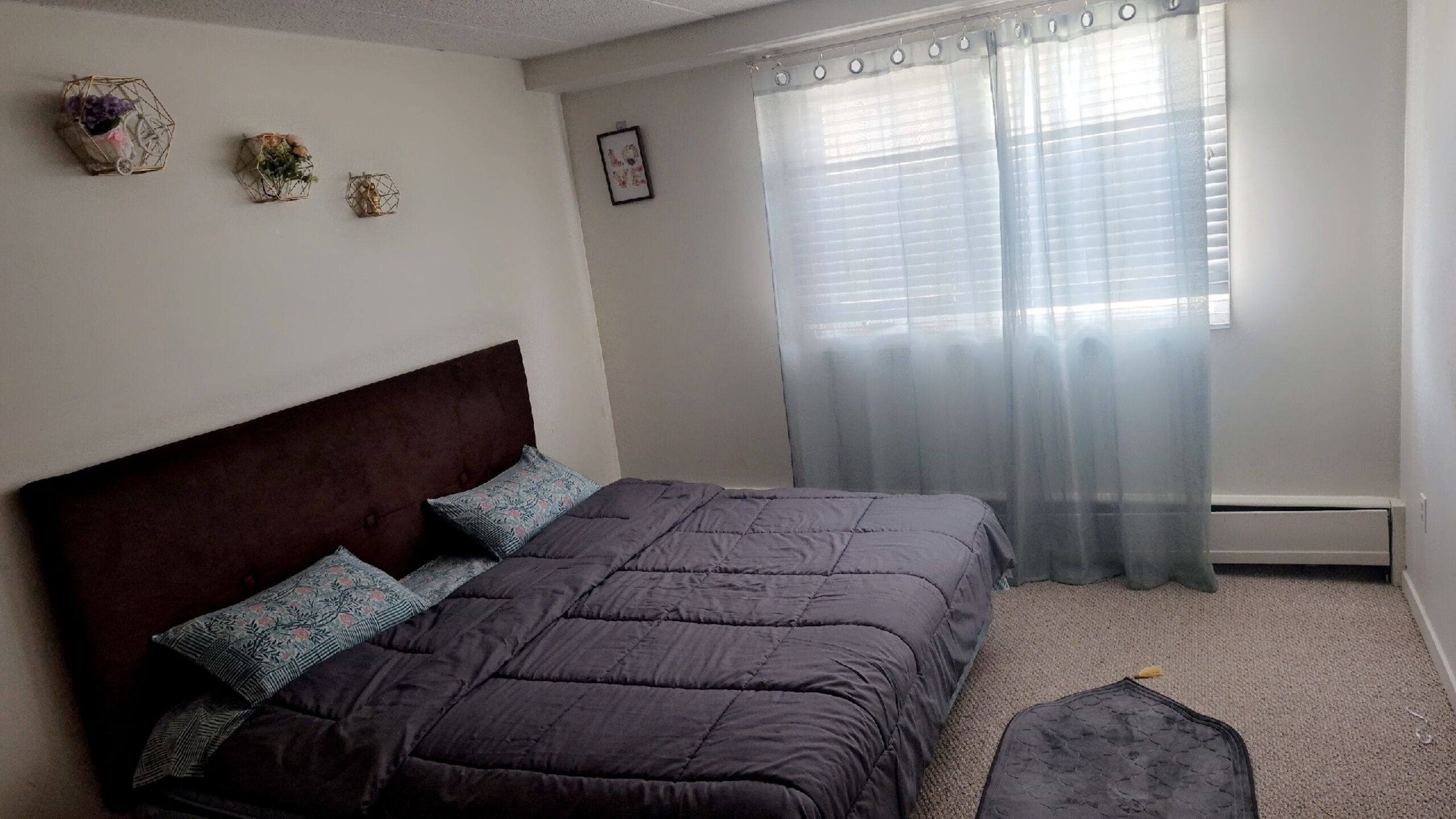 Une chambre à coucher avec un lit, une tête de lit, une fenêtre avec des rideaux et un radiateur.