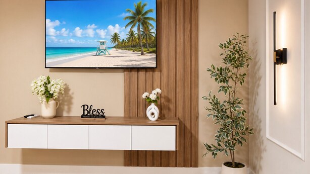 Una sala de estar moderna con un televisor montado en una pared de paneles de madera, una consola con un letrero que dice 'Bless' y una planta en maceta.