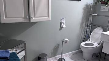 Hair dryer, towels, soap, toilet paper