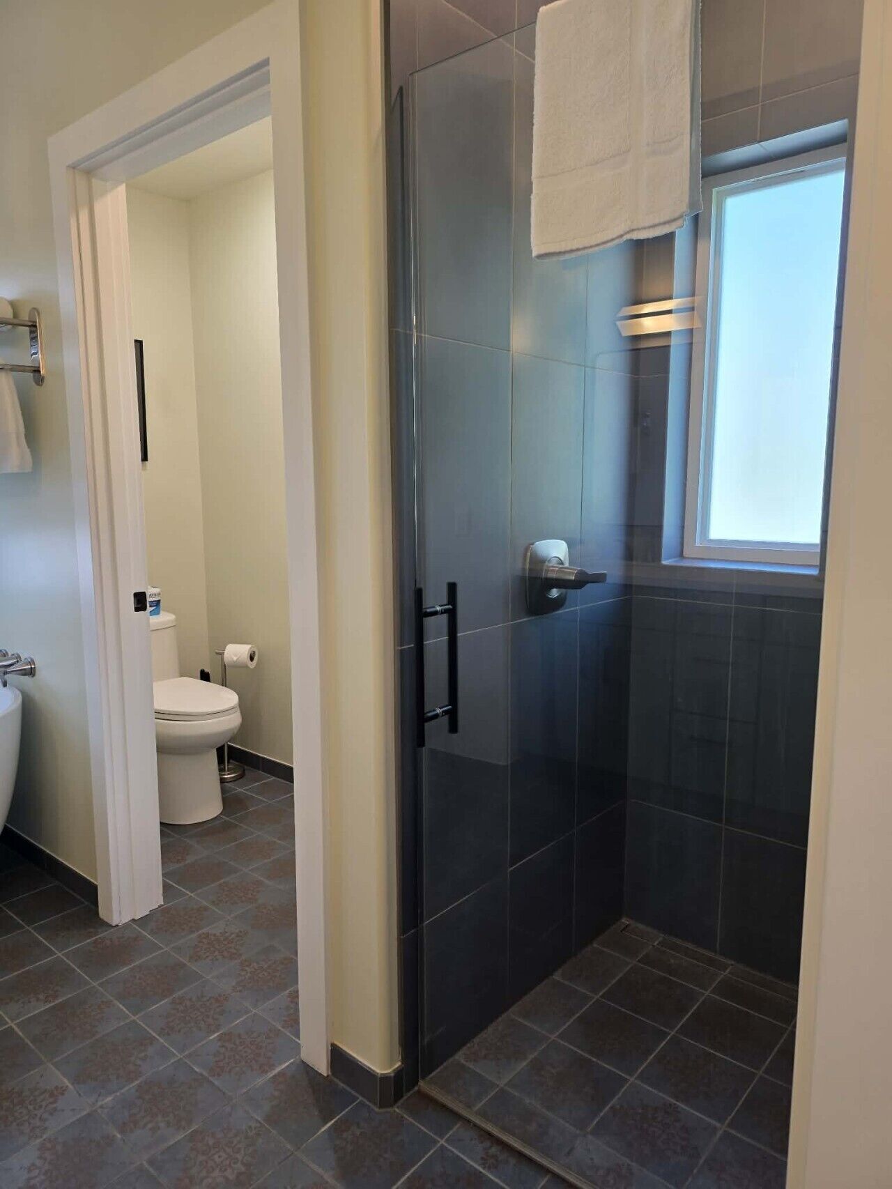 A bathroom with a glass shower enclosure, a toilet, and a sink.