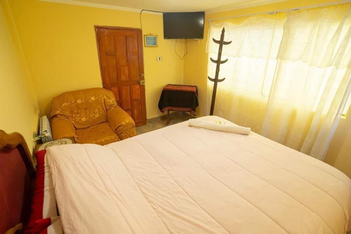 Una habitación con cama, una silla, un televisor y una cortina.