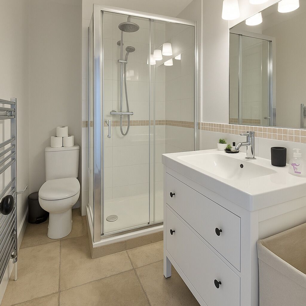 A modern bathroom with a glass-enclosed shower, a white toilet, and a vanity with a sink and mirror.