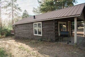 En hytte med trævægge, metal tag, veranda og grill udendørs.