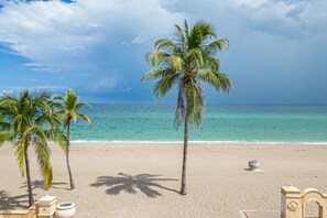 Ein Strand mit Palmen und blauem Himmel.