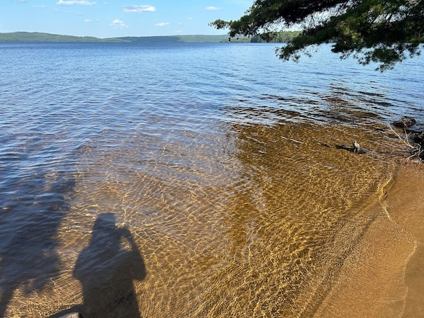 A clear lake with a sandy beach and a tree line in the background.