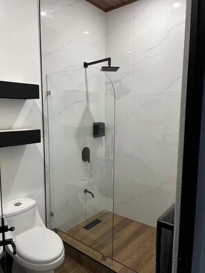 Ein modernes Badezimmer mit einer Duschkabine aus Glas, einer weißen Toilette und einem Holzboden.