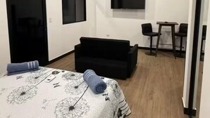 A bedroom with a bed, a TV, a sofa, and a desk. - Estudio Duke´s Place n.º 6 (Quepos)