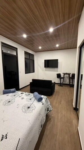 Ein Schlafzimmer mit Bett, Fernseher, Sofa und Schreibtisch.