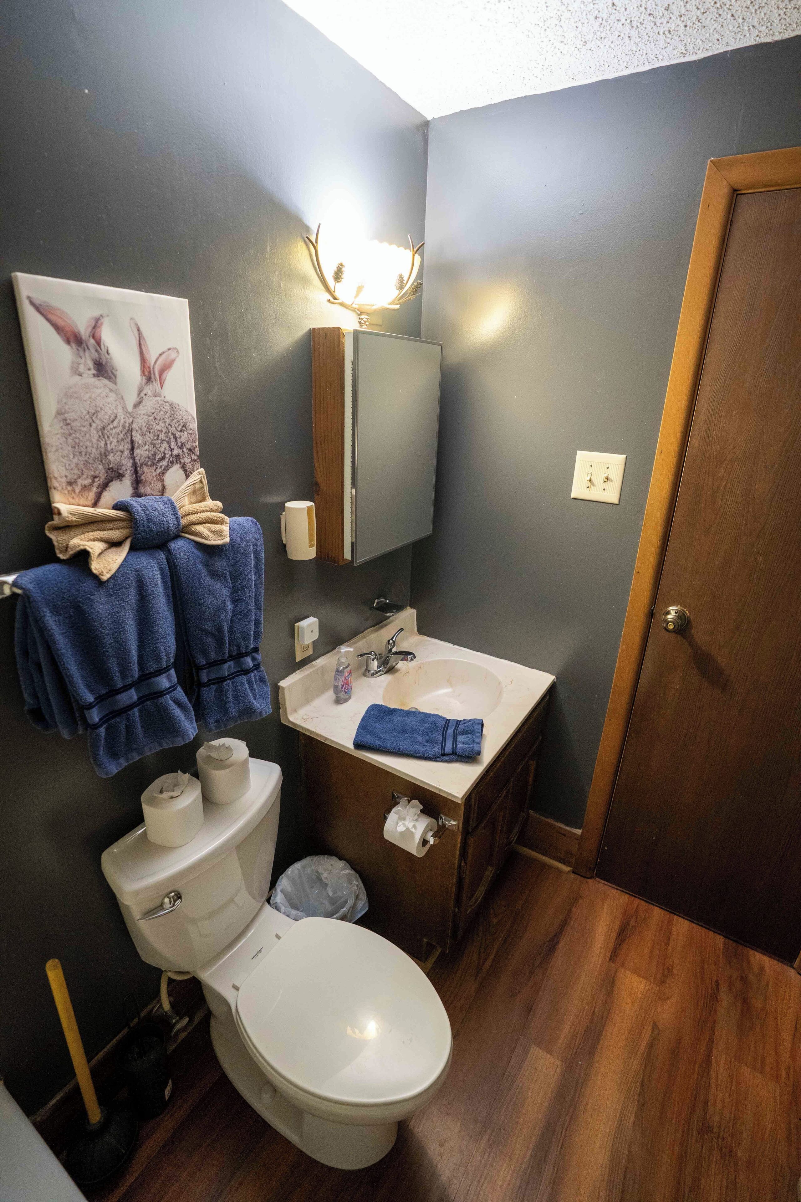 A bathroom with a toilet, sink, and a mirror.