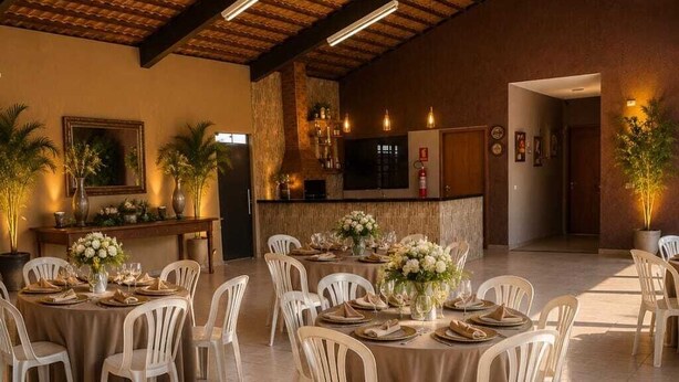 A spacious indoor dining area with round tables, white chairs, and a high ceiling with exposed beams.