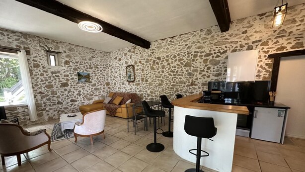 A stone-walled room with a sofa, chairs, a small bar area, and a kitchen. - ROMY - DAX - City Break (DAX)