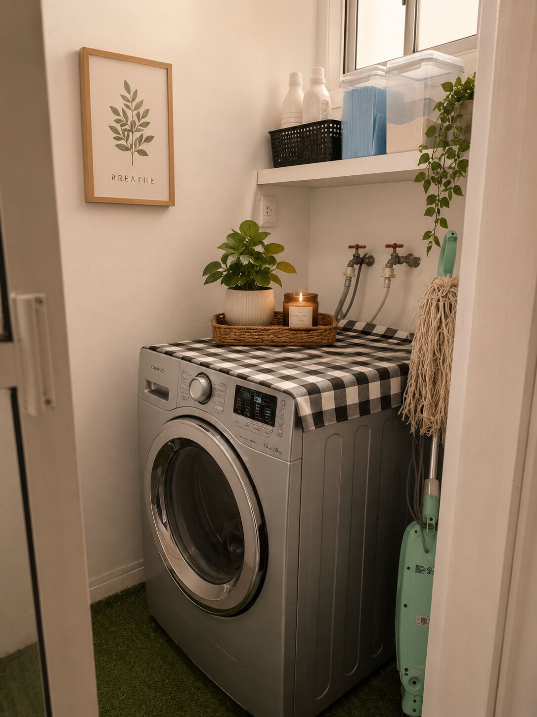 Een kleine wasruimte met een wasmachine, een tafel met ruitdessin, een potplant, een kaars en een dweil.