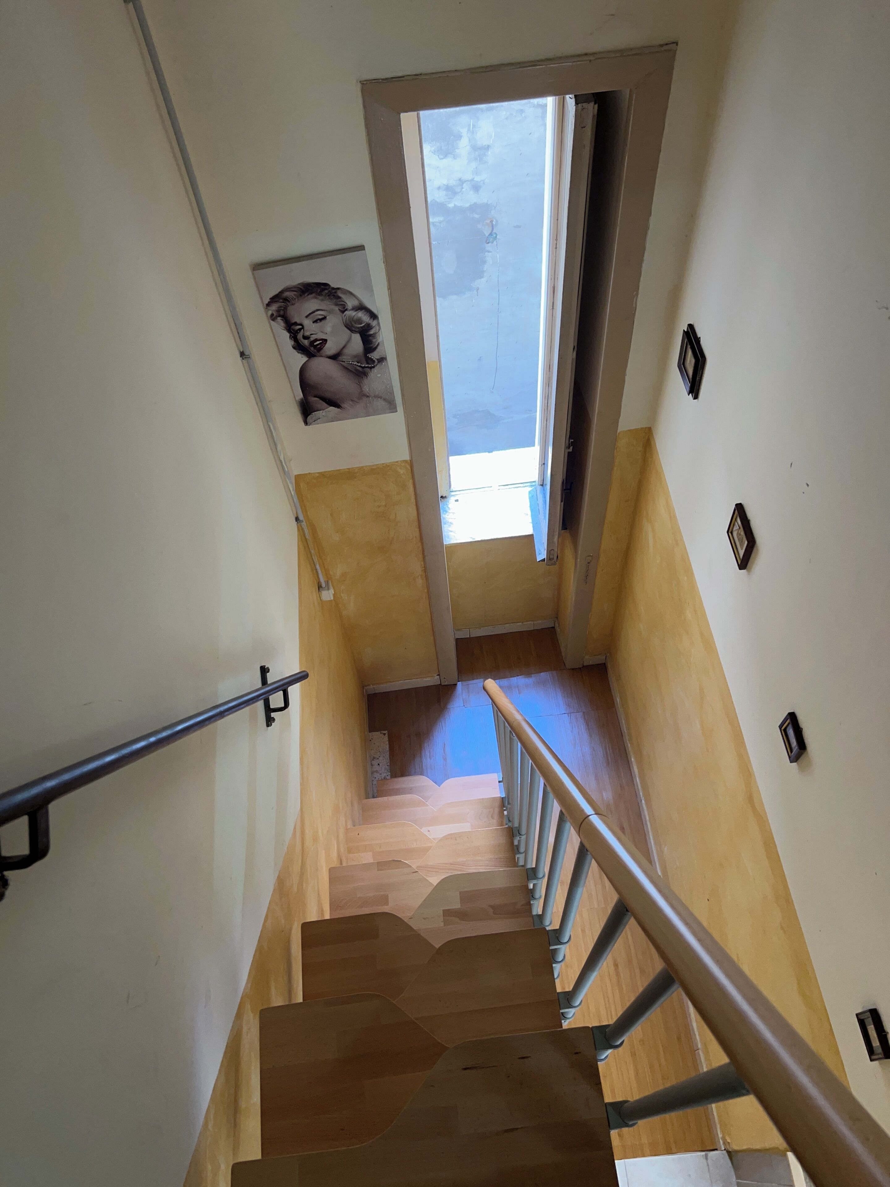 Un escalier avec des marches en bois et des rampes en métal, une porte donnant sur un espace extérieur et un tableau accroché au mur.