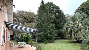 A patio with a table and chairs, surrounded by a garden with various trees and a palm tree.