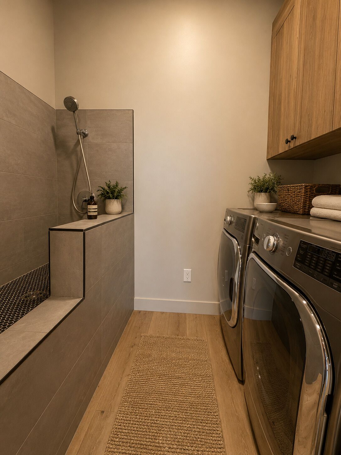 A compact laundry room with a washing machine, a drying rack, and a shower area.